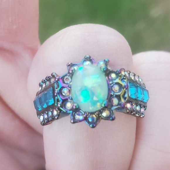 New Blue Fire Opal Rainbow Hematite Ring. - Picture 7 of 16